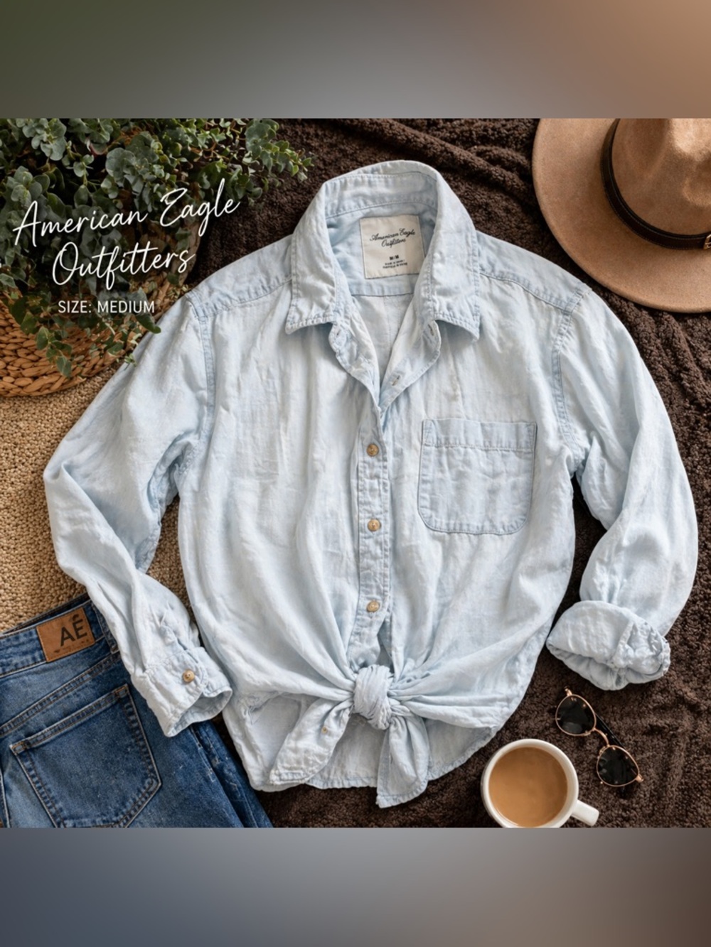 American Eagle Outfitters Light Blue Button Down Shirt Medium Oversized Casual